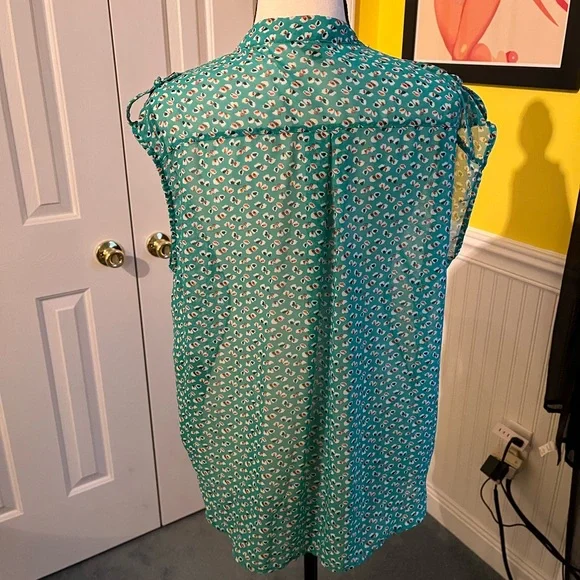 Button-Up Blouse Teal Turquoise Spot Spotted Pattern Patterned Multicolor Medium - Picture 3 of 4